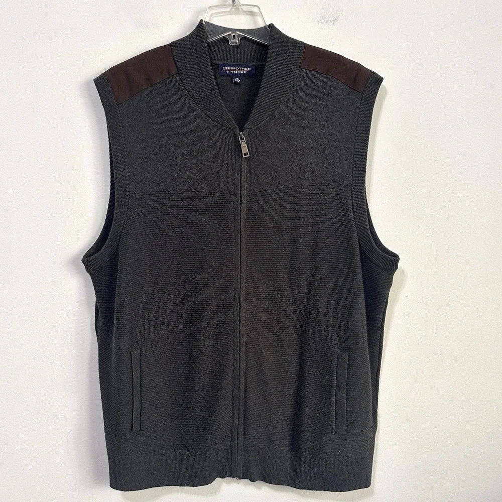 Roundtree & Yorke Mens Zip Front Sweater Vest XL Gray Faux Suede Patch Work Knit
